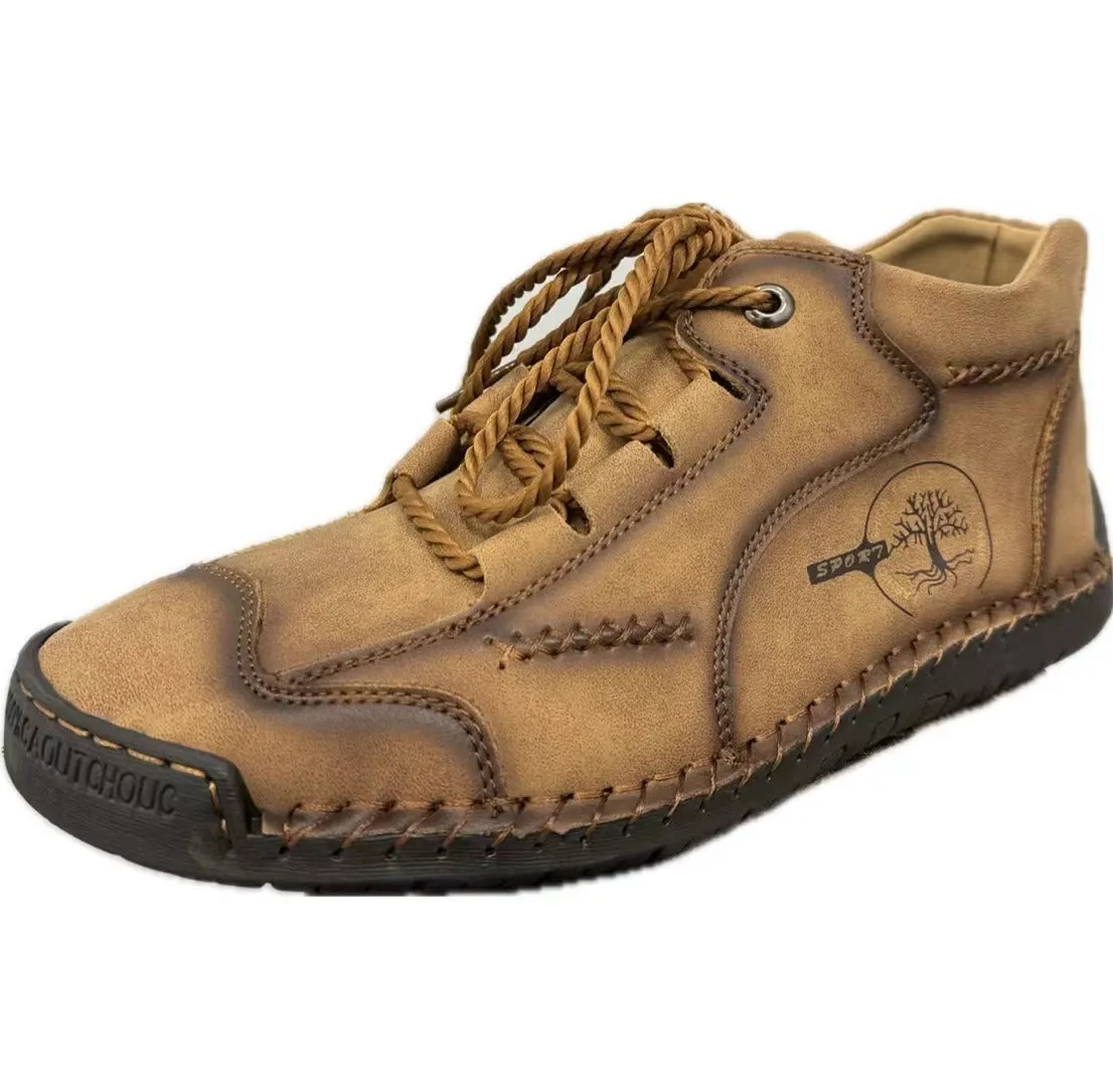 Men's brown leather high-top work boots with round toe and front lace-up fastening