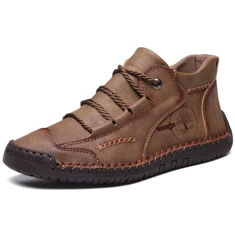 Men's brown leather high-top work boots with round toe and front lace-up fastening