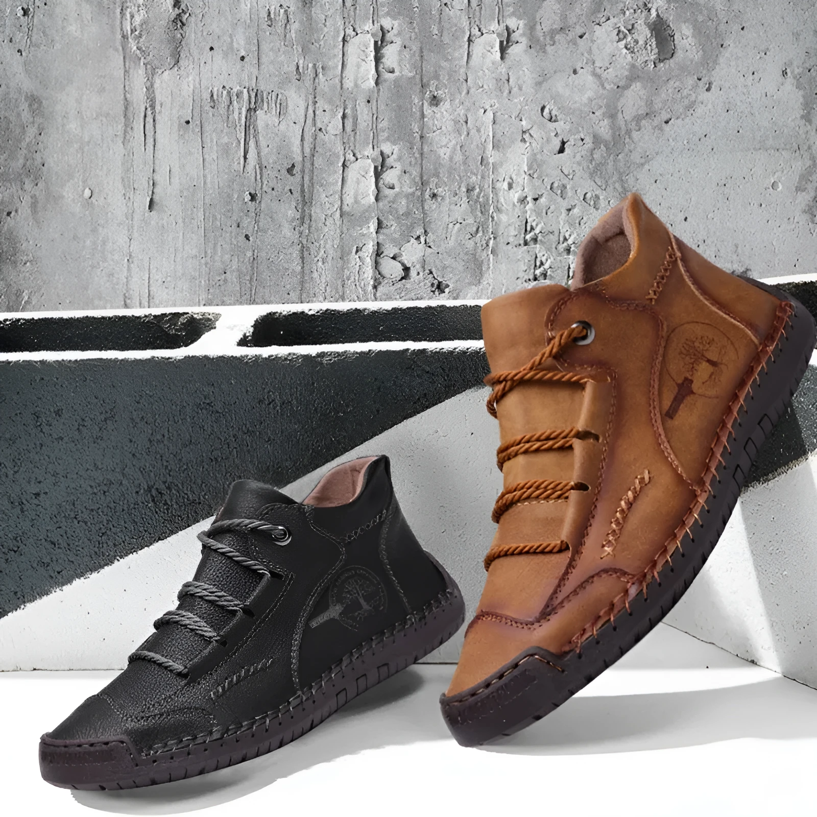 Men's brown leather high-top work boots with round toe and front lace-up fastening