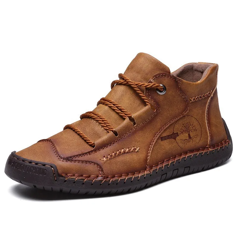 Men's brown leather high-top work boots with round toe and front lace-up fastening