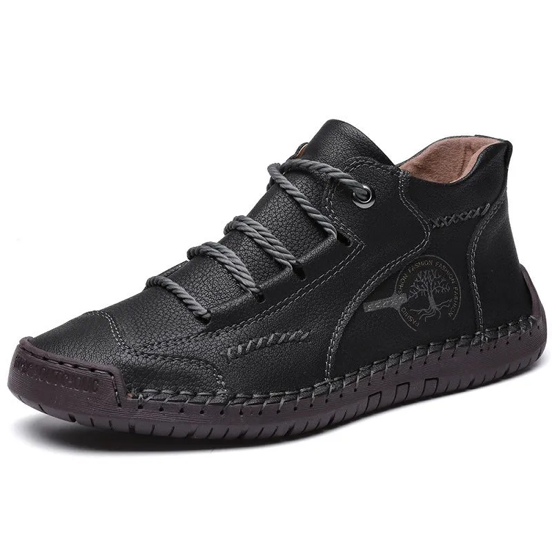 Men's brown leather high-top work boots with round toe and front lace-up fastening