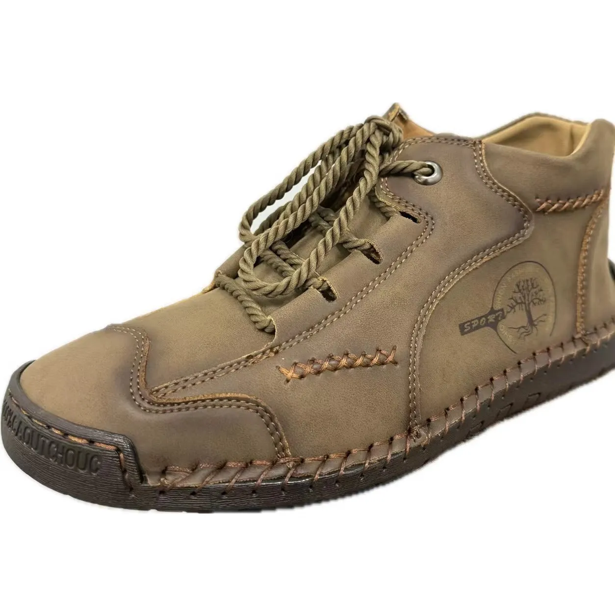 Men's brown leather high-top work boots with round toe and front lace-up fastening