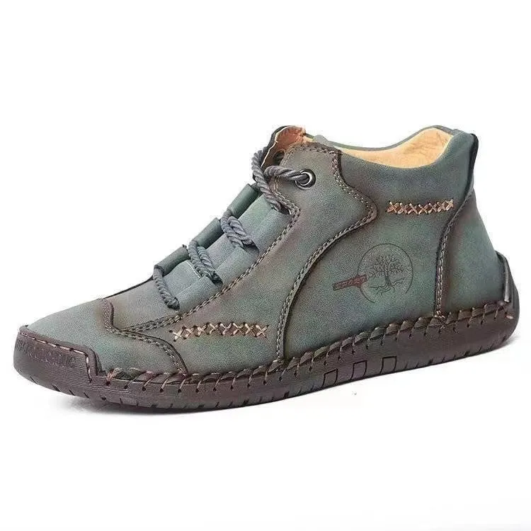 Men's brown leather high-top work boots with round toe and front lace-up fastening