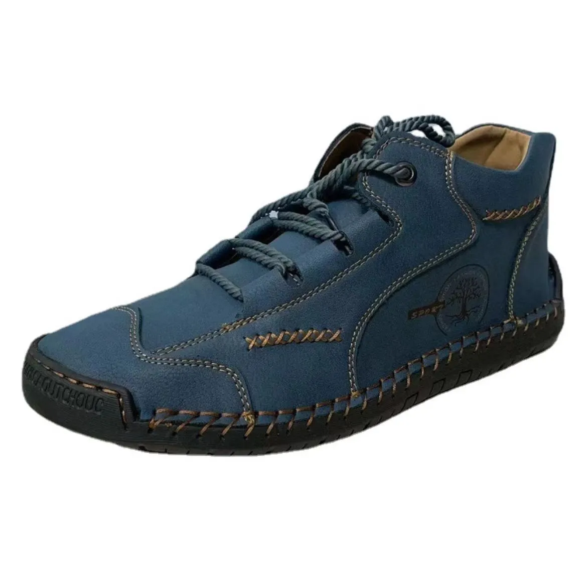 Men's brown leather high-top work boots with round toe and front lace-up fastening