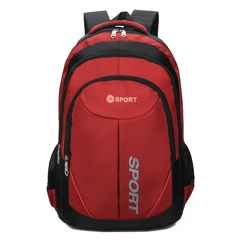 Men's large capacity nylon backpack in black with curved shoulder straps and letter design