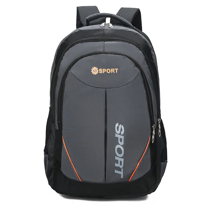 Men's large capacity nylon backpack in black with curved shoulder straps and letter design