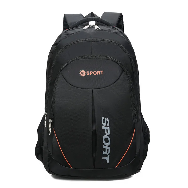 Men's large capacity nylon backpack in black with curved shoulder straps and letter design