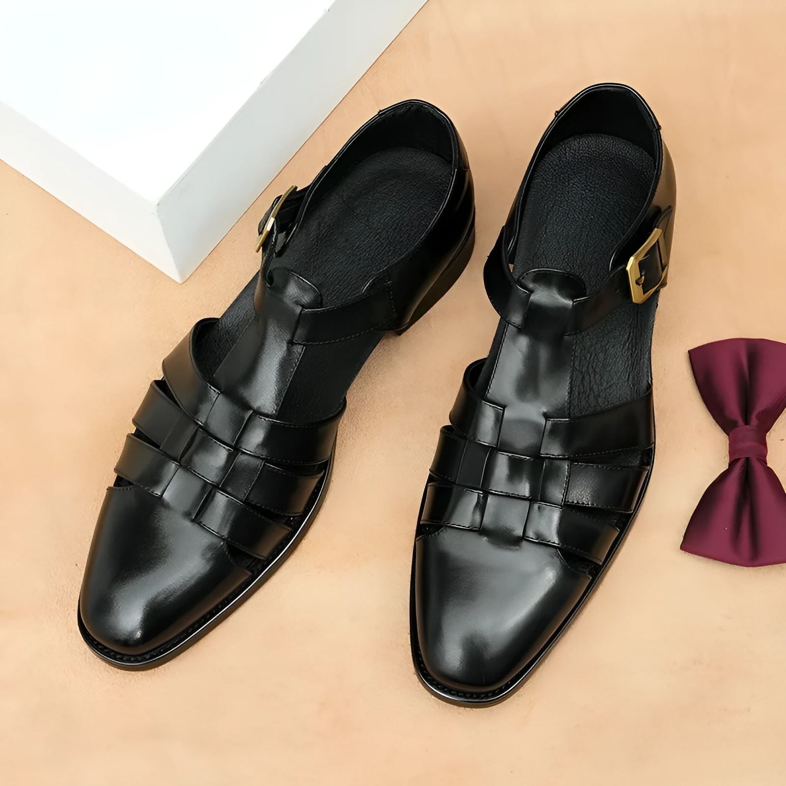 Men's black genuine leather retro-style slip-on sandals with an open toe and rubber sole.