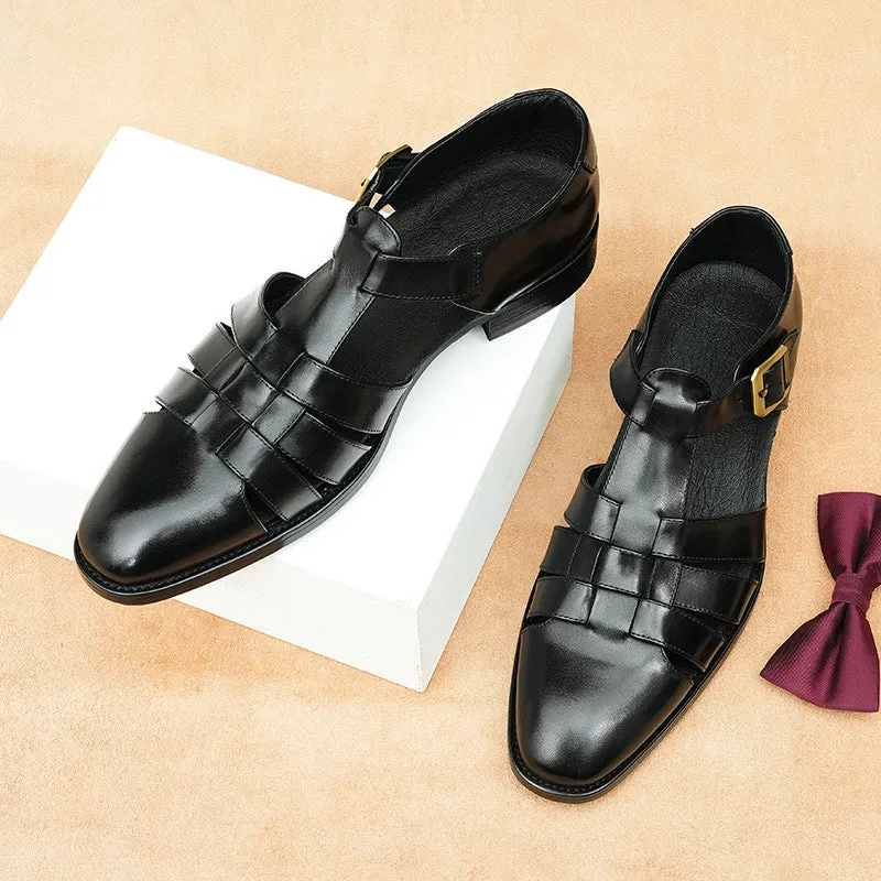 Men's black genuine leather retro-style slip-on sandals with an open toe and rubber sole.