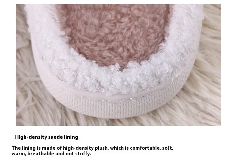 White plush non-slip slippers with artificial wool lining and rubber sole.