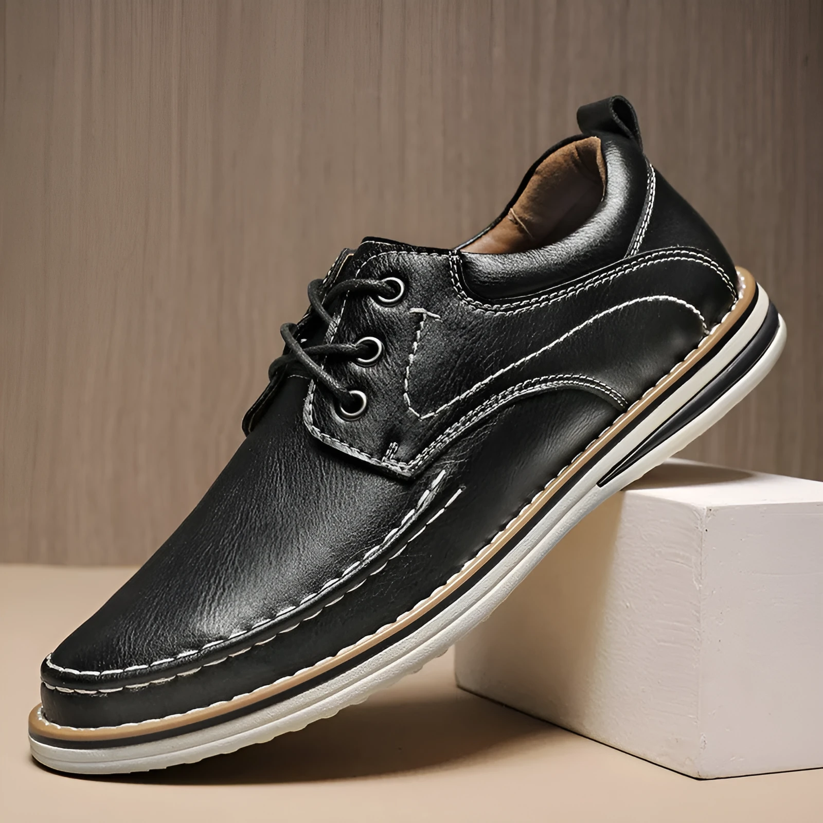 Men's black genuine leather lace-up casual shoes with round toe and low rubber sole on a white background.