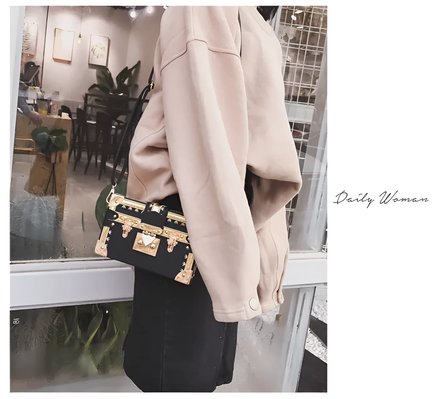 Structured hard PU women's shoulder bag with a flap, hasp closure, and adjustable strap.