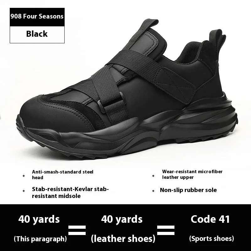 Black safety work shoe with steel toe cap, felt buckle, and anti-puncture sole for industrial use.