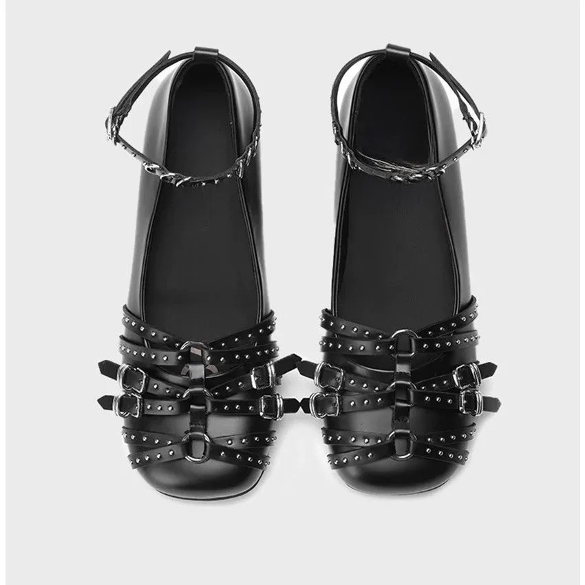 Women's black genuine leather square toe pumps with a low heel and buckle fastening.