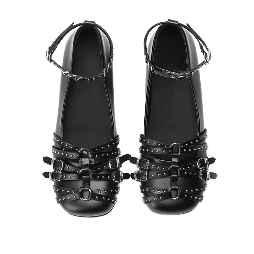 Women's black genuine leather square toe pumps with a low heel and buckle fastening.