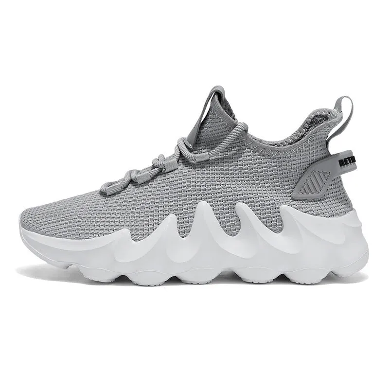 Men's low-top sock-like sports shoes in grey with a round toe, flat heel, and lace-up front.