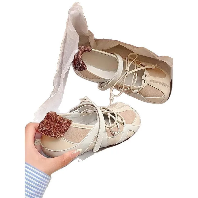 Women's beige Mary Jane ballet flats with block heel and front lace-up design