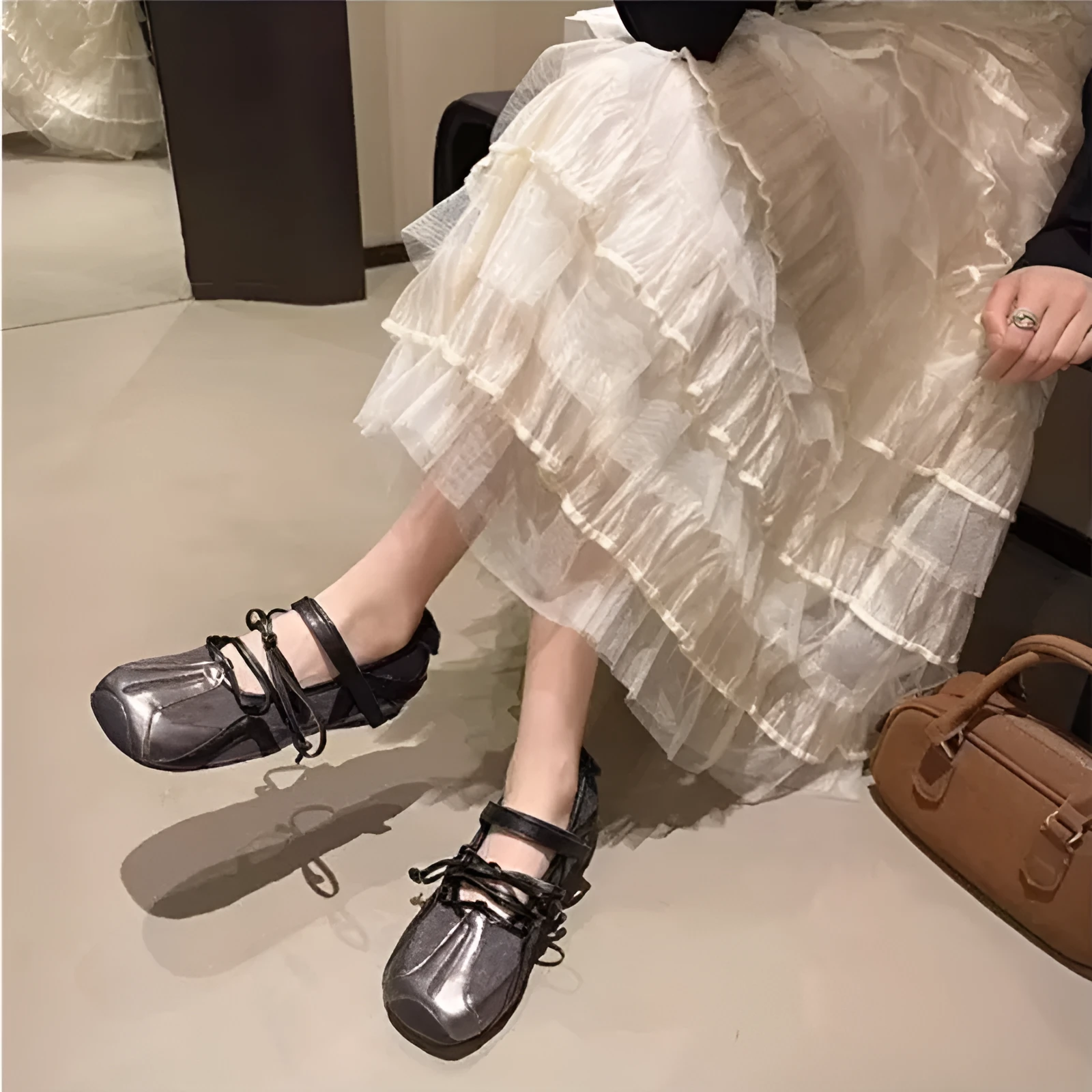 Women's beige Mary Jane ballet flats with block heel and front lace-up design
