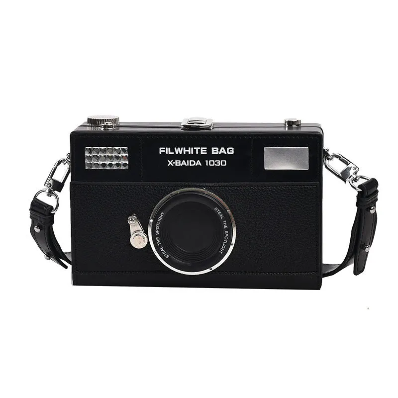 Soft black PU leather mini crossbody bag with a silver chain strap in a horizontal square shape.