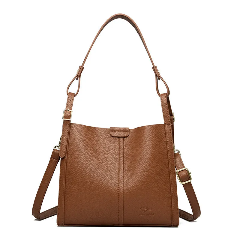 Brown PU women's shoulder bag with single strap and multiple interior compartments