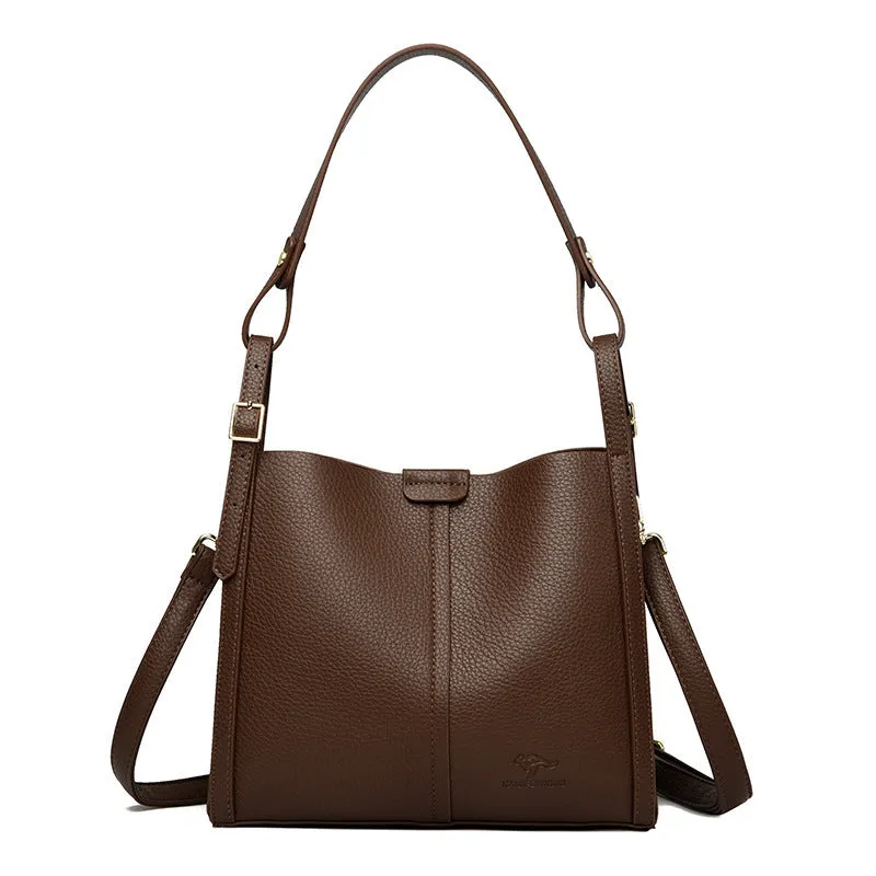 Brown PU women's shoulder bag with single strap and multiple interior compartments