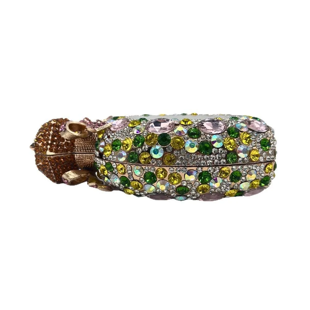 Golden white hard alloy clutch bag with full diamond decoration and a three-dimensional pocket shape.