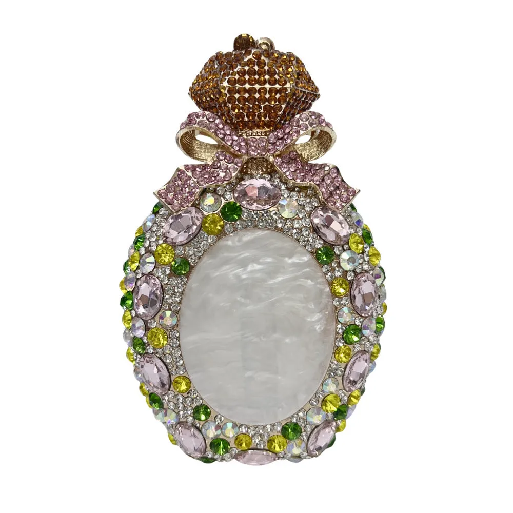 Golden white hard alloy clutch bag with full diamond decoration and a three-dimensional pocket shape.