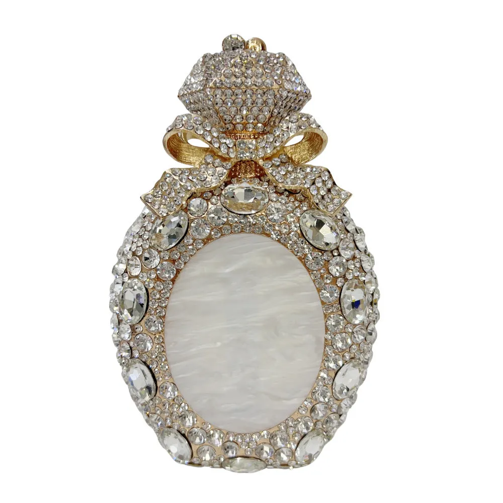 Golden white hard alloy clutch bag with full diamond decoration and a three-dimensional pocket shape.