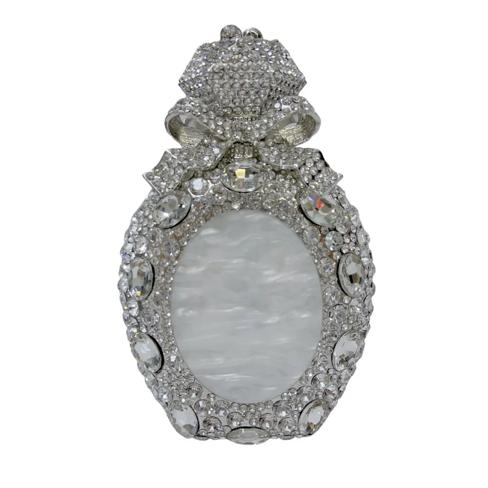 Golden white hard alloy clutch bag with full diamond decoration and a three-dimensional pocket shape.
