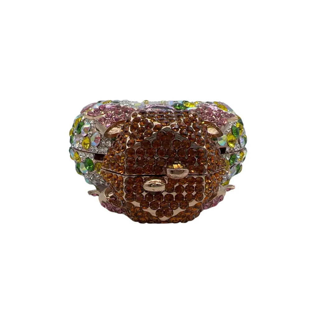 Golden white hard alloy clutch bag with full diamond decoration and a three-dimensional pocket shape.