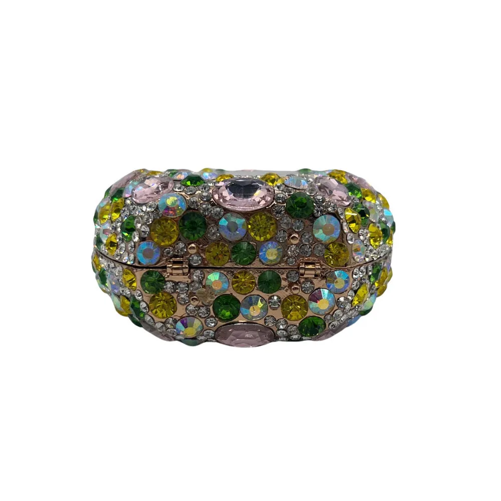 Golden white hard alloy clutch bag with full diamond decoration and a three-dimensional pocket shape.