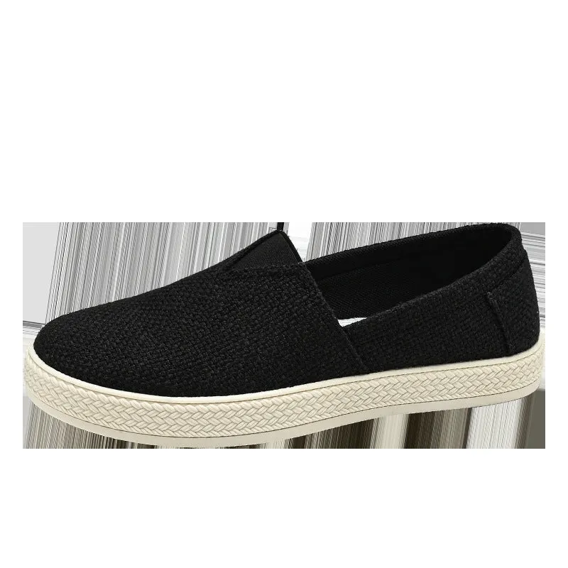 Men's linen-style cloth shoes in canvas with PVC soles showing round toe and sewing thread details