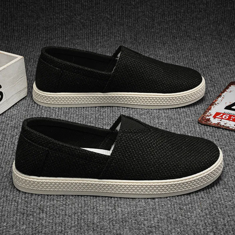 Men's linen-style cloth shoes in canvas with PVC soles showing round toe and sewing thread details