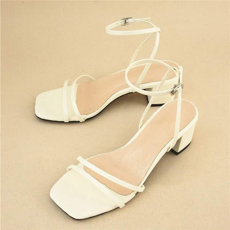 Beige women's sandals with a chunky stiletto heel, square toe, and adjustable ankle buckle on a white background.