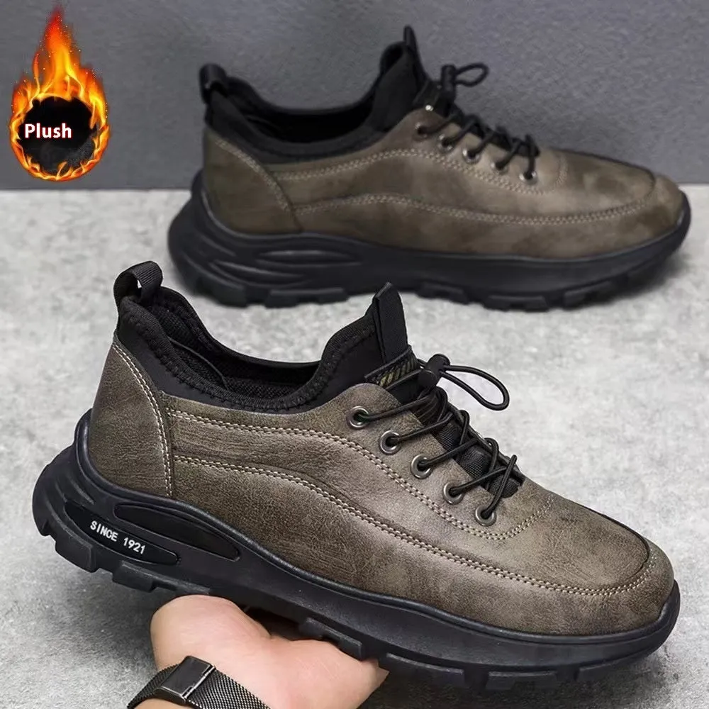 Men's black fleece-lined waterproof sneakers with a round toe and rubber sole on a white background.