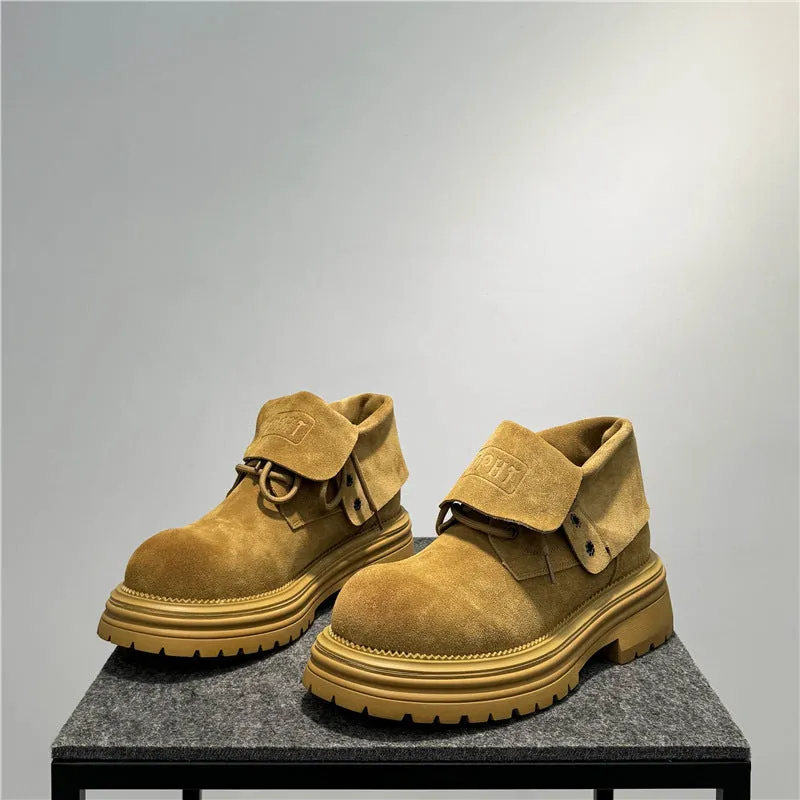 Retro distressed thick-soled suede boots with buckle closure in camel colour.