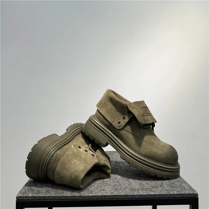 Retro distressed thick-soled suede boots with buckle closure in camel colour.