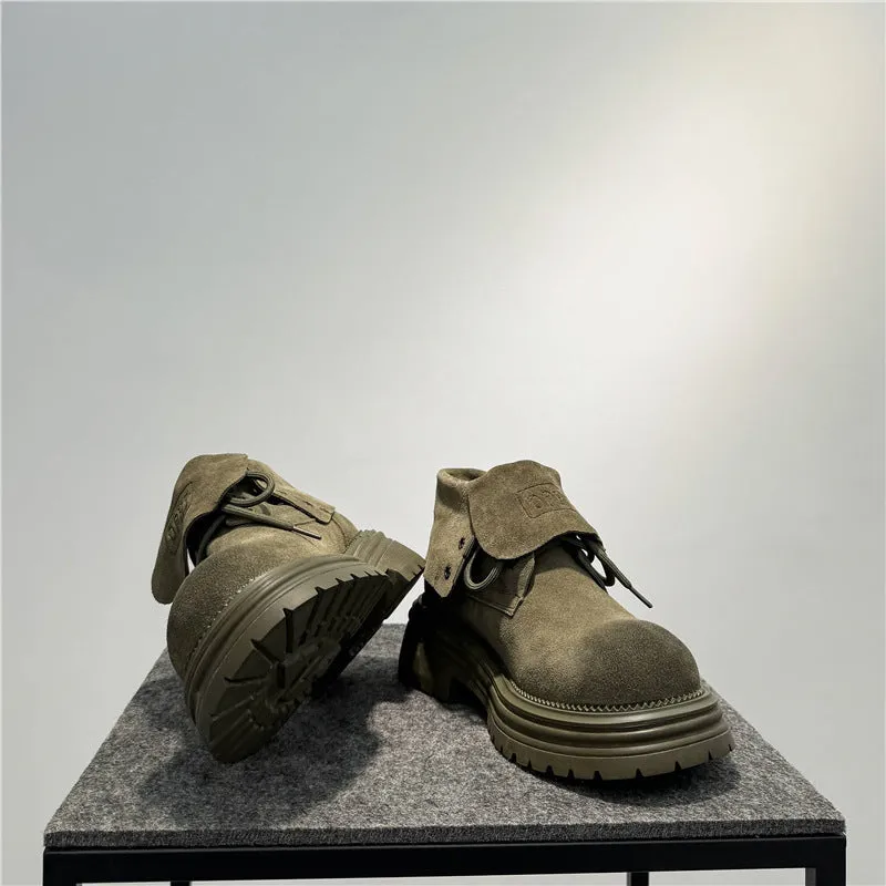 Retro distressed thick-soled suede boots with buckle closure in camel colour.