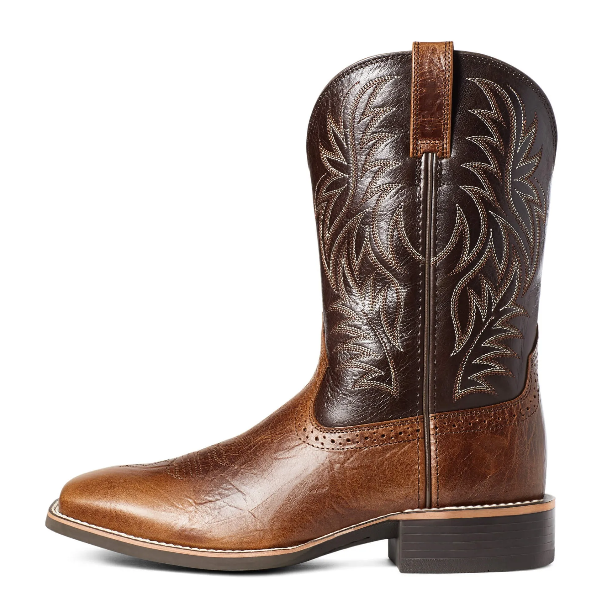 Men's black embroidered wide square-toe cowboy boots with a low heel on a neutral background.