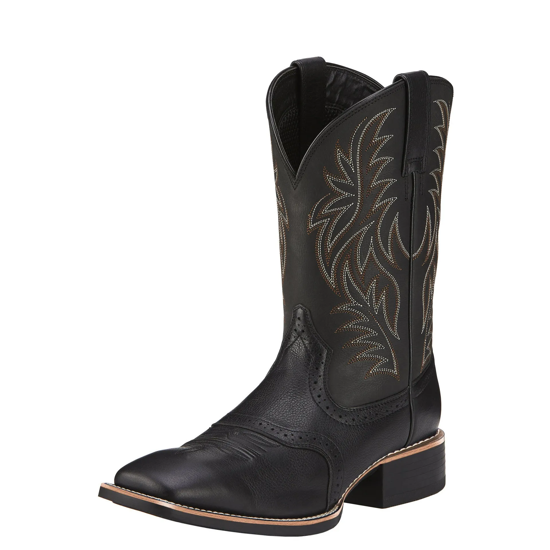 Men's black embroidered wide square-toe cowboy boots with a low heel on a neutral background.