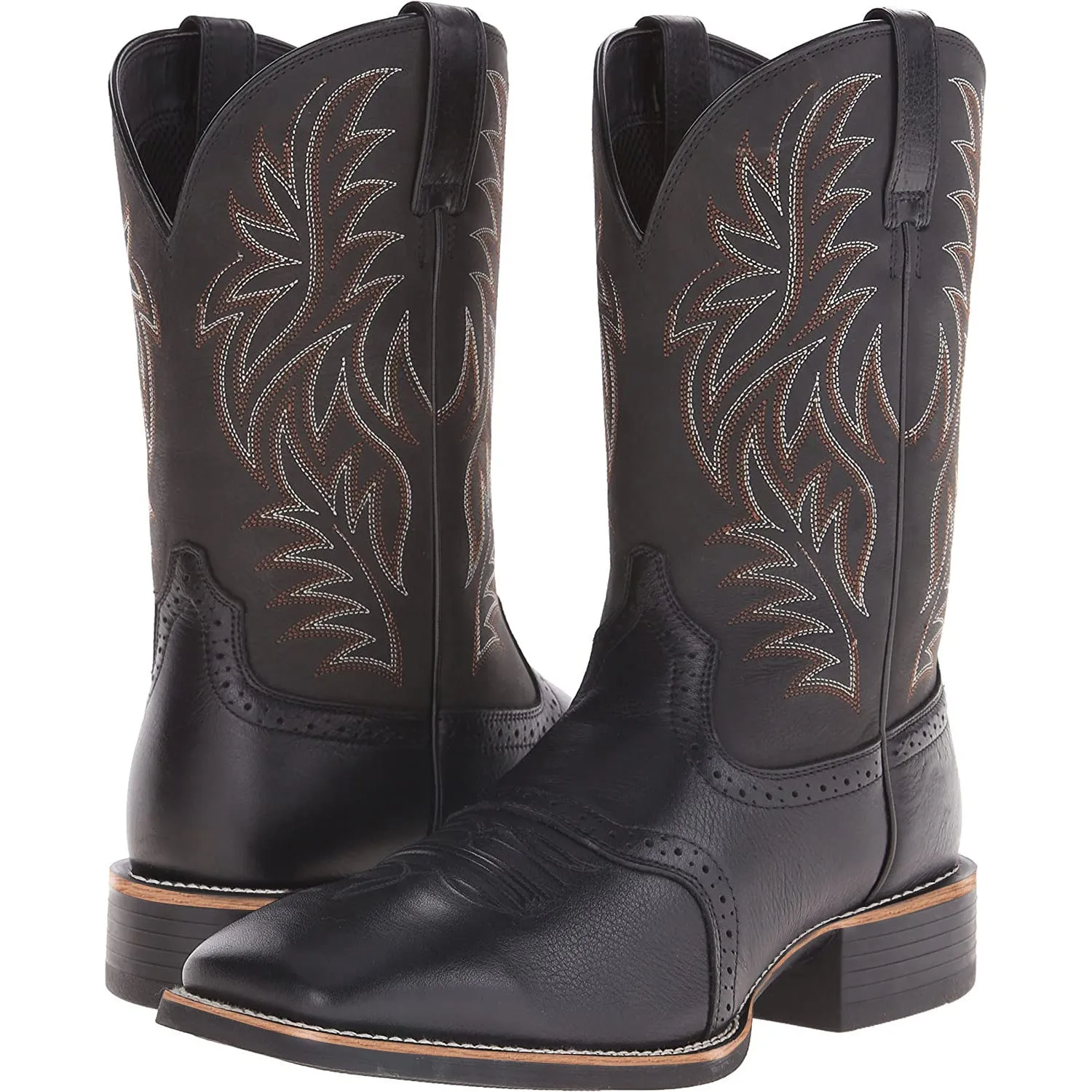 Men's black embroidered wide square-toe cowboy boots with a low heel on a neutral background.