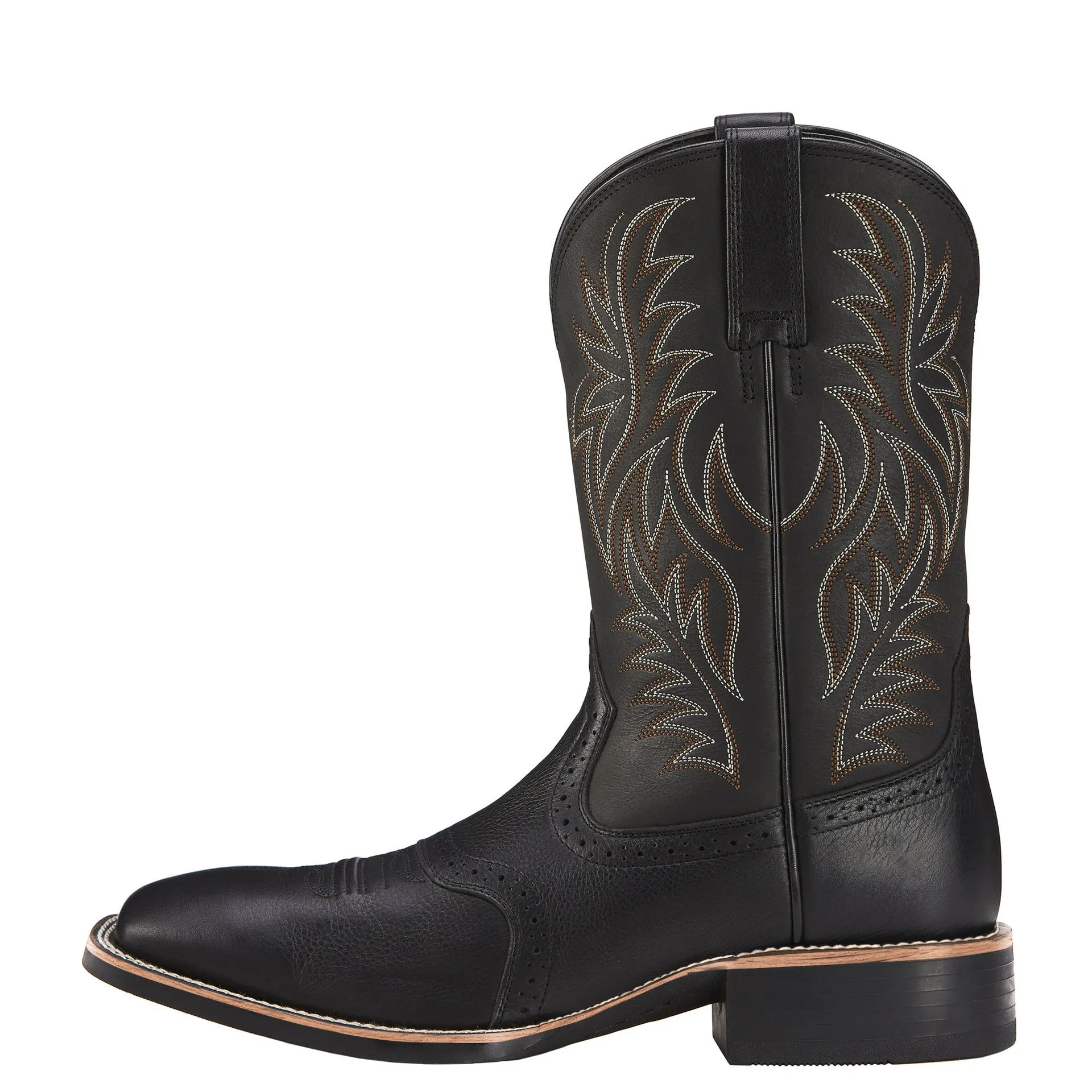 Men's black embroidered wide square-toe cowboy boots with a low heel on a neutral background.