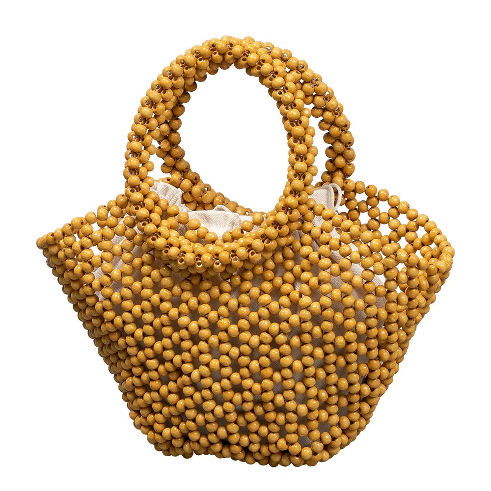 Maple wood hand-woven handbag with wooden beads in dumpling shape measuring 13x7x18cm