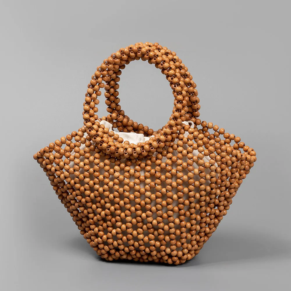 Maple wood hand-woven handbag with wooden beads in dumpling shape measuring 13x7x18cm