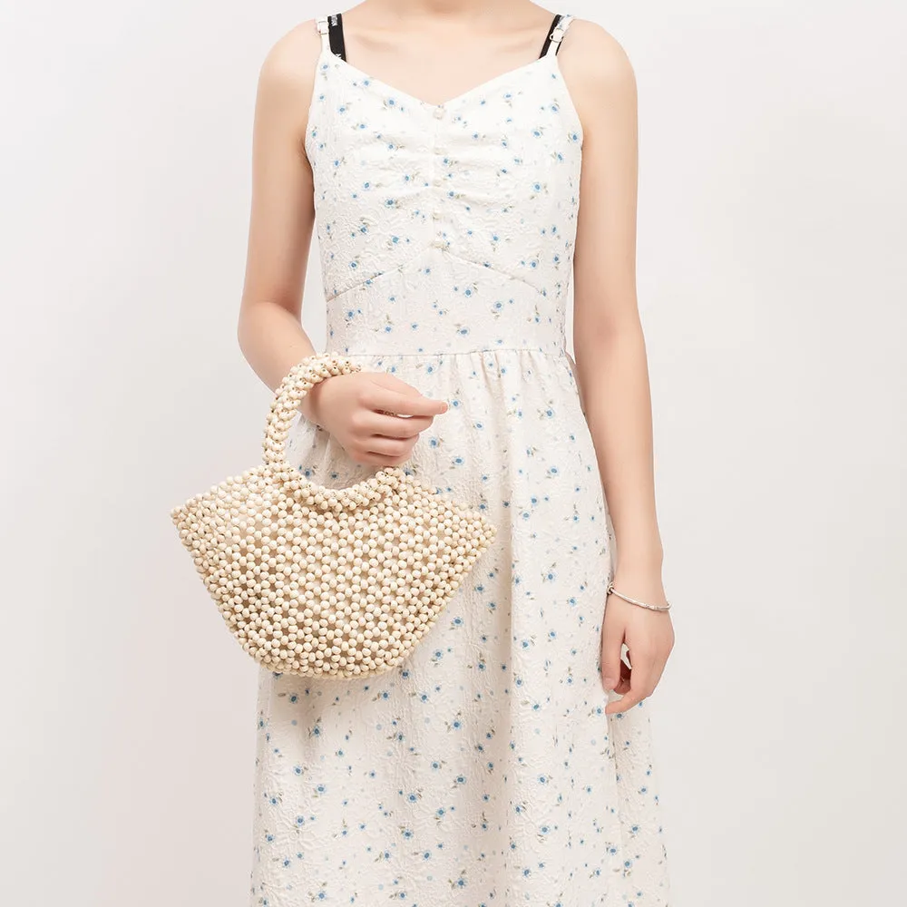 Maple wood hand-woven handbag with wooden beads in dumpling shape measuring 13x7x18cm