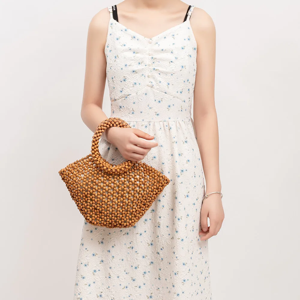 Maple wood hand-woven handbag with wooden beads in dumpling shape measuring 13x7x18cm