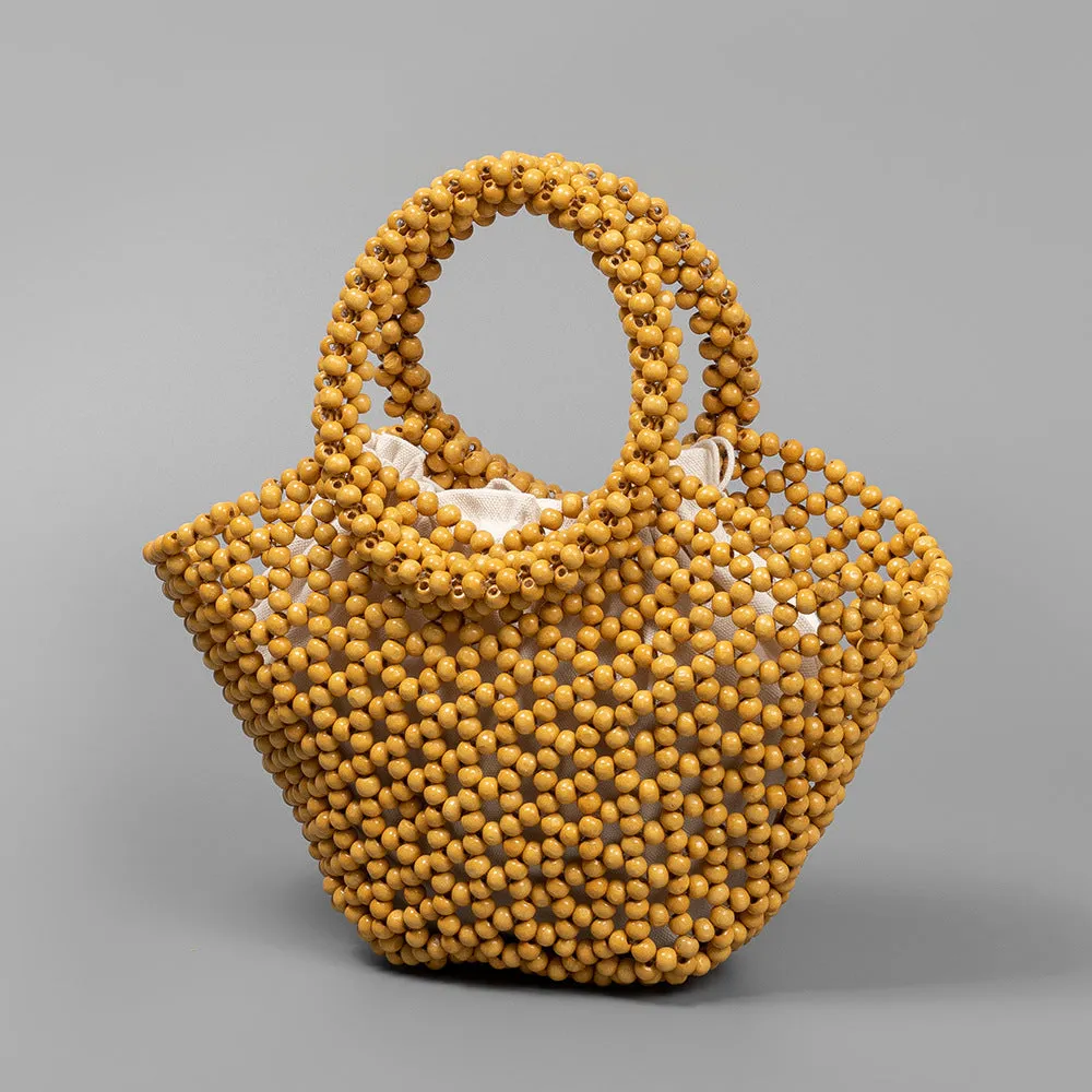 Maple wood hand-woven handbag with wooden beads in dumpling shape measuring 13x7x18cm