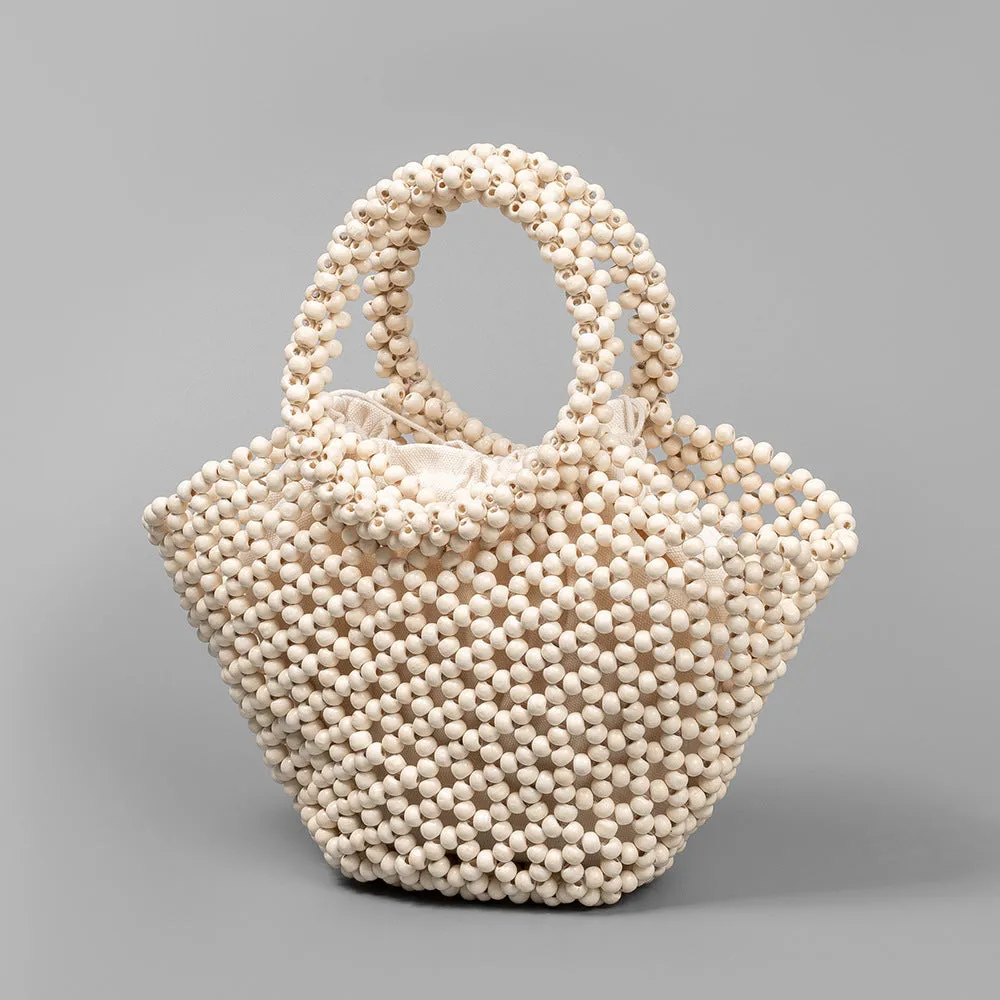 Maple wood hand-woven handbag with wooden beads in dumpling shape measuring 13x7x18cm