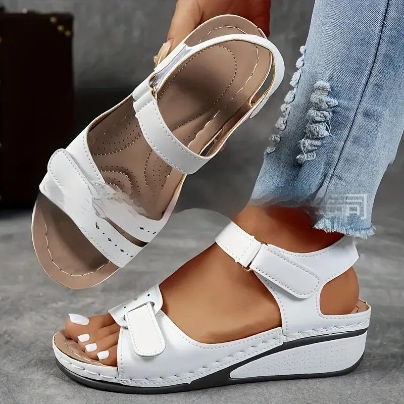Beige plus size strap sandals with a thick composite sole and Velcro closure on a white background.