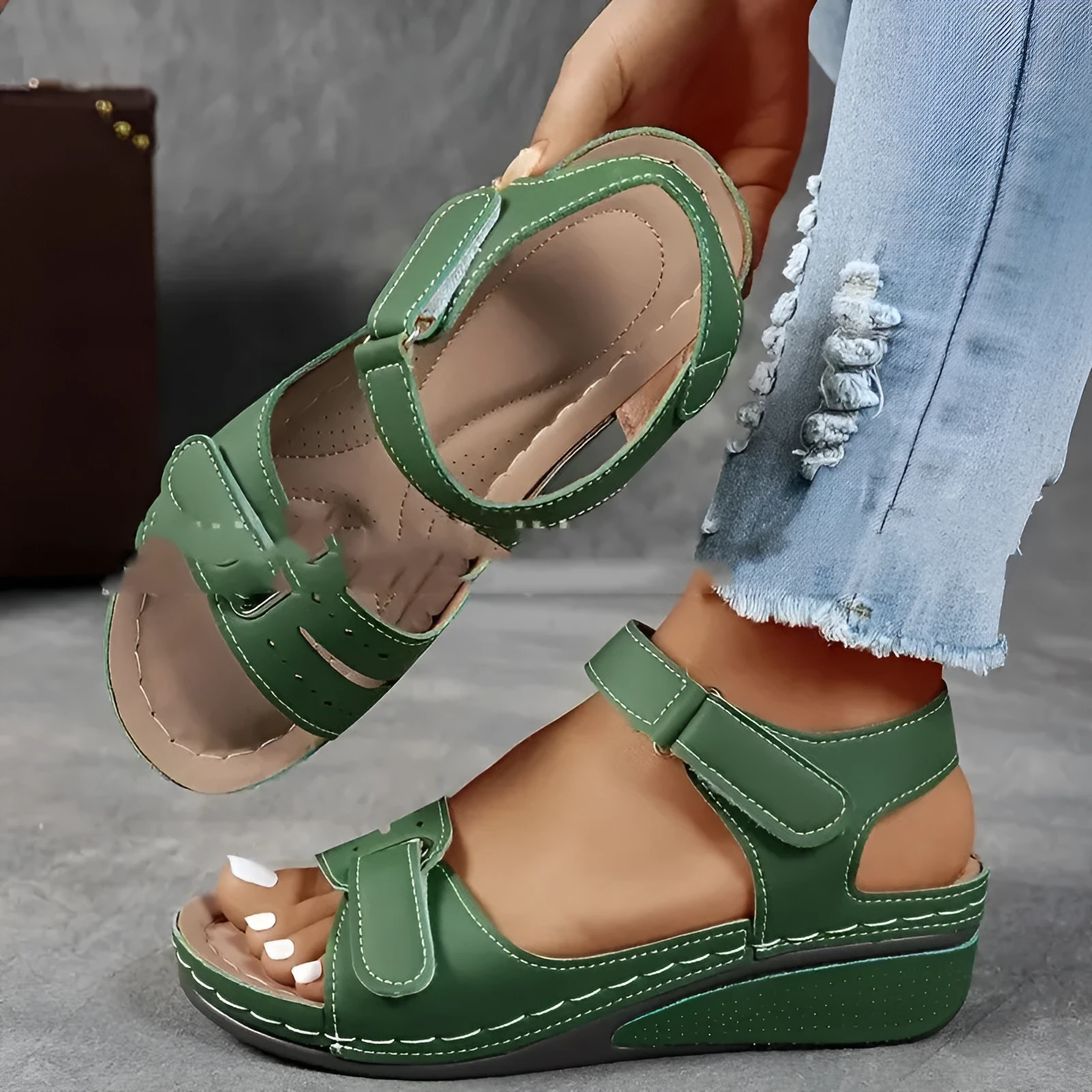 Beige plus size strap sandals with a thick composite sole and Velcro closure on a white background.